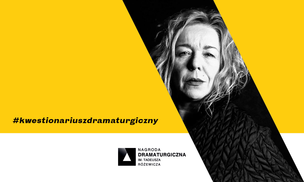 Portret Joanny Oparek i napis #kwestionariuszdramaturgiczny, na dole logo Nagrody Dramaturgicznej im. Tadeusza Różewicza
